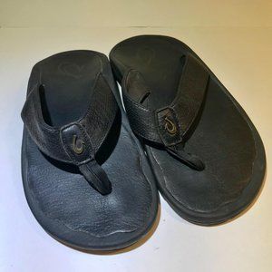OluKai Kapuna Mens Black Leather Flip Flops Size 7